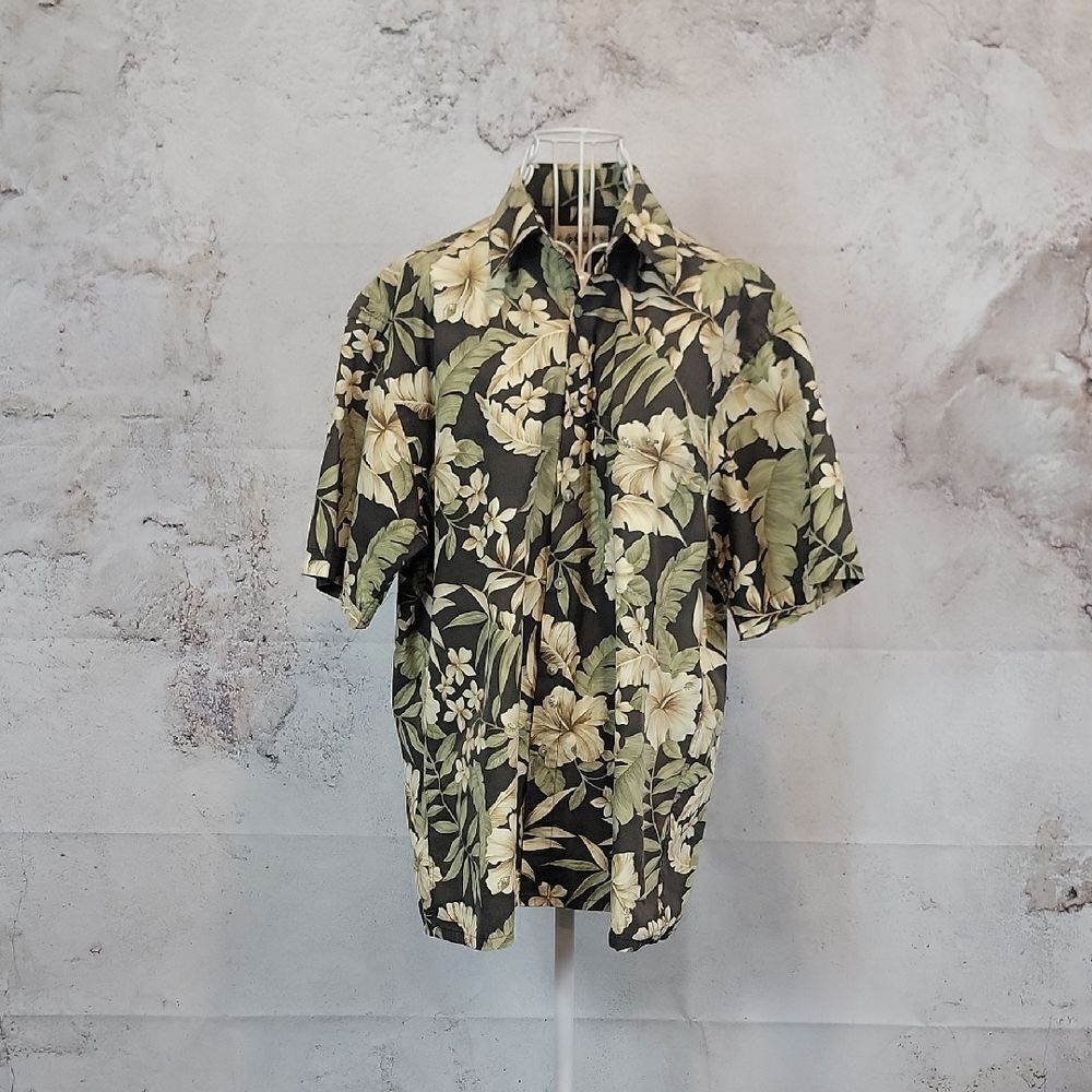 Vintage Campia Moda Floral Hawaiian Shirt - Green & Cream Mens Size M
